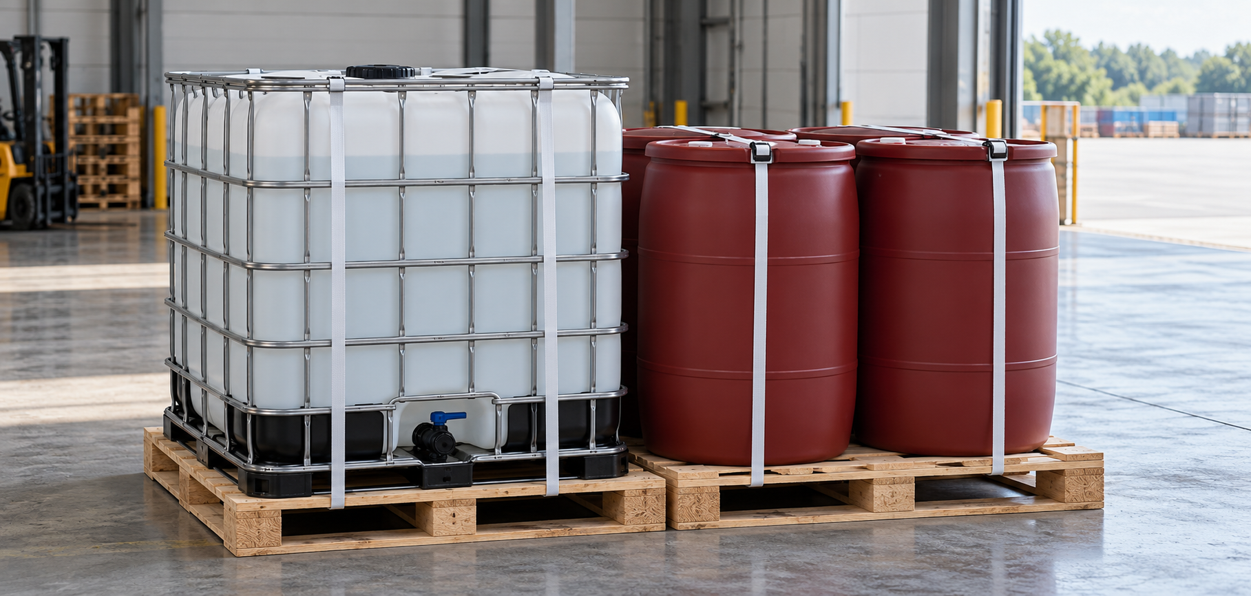 Industrial IBC tote and red chemical drums secured on wooden pallets in a warehouse